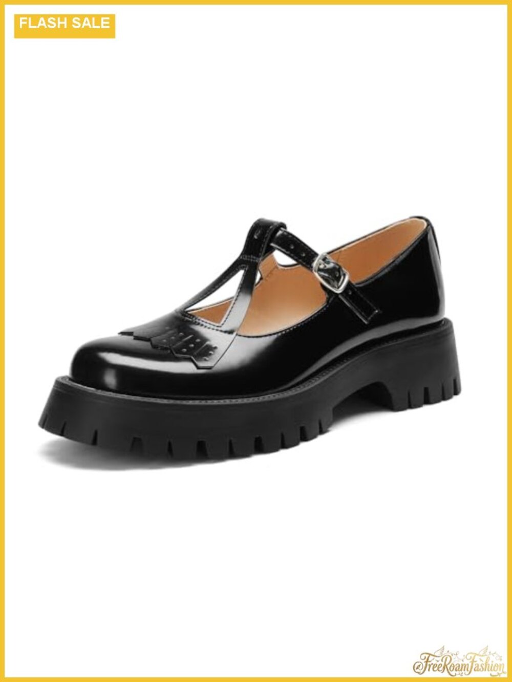 Platform Mary Jane Shoes for Women Patent Lug Sole Block Heel T-Strap
